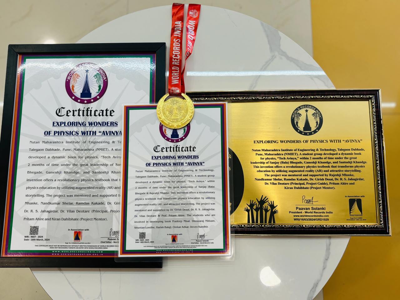World Records India certificate for mentored dynamic physics project